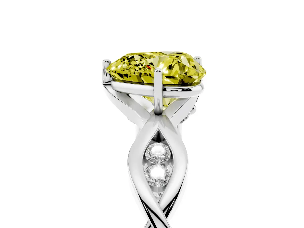 Fancy Yellow Heart Cut Solitaire Twist Band with Leaf Prong Setting White gold