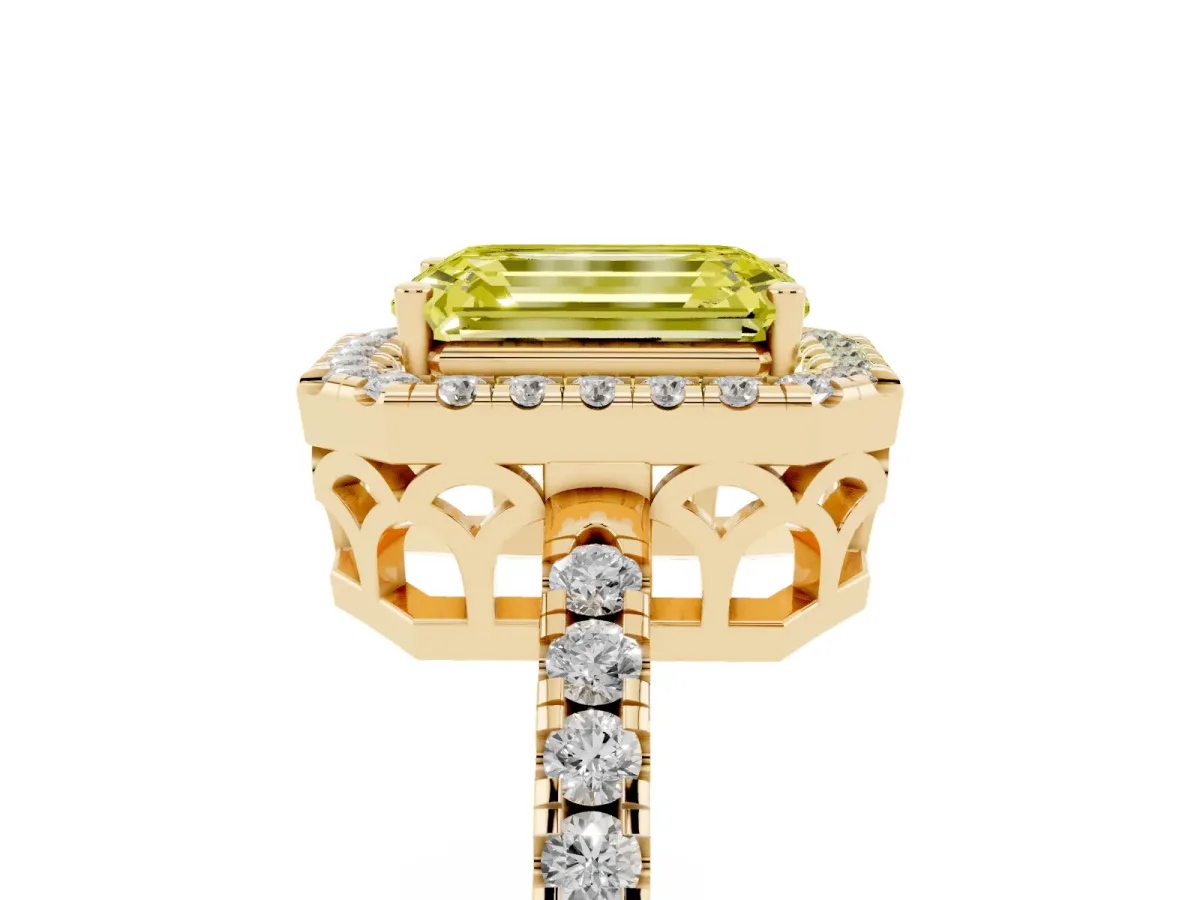 Fancy Yellow Emerald Cut Halo Diamond Engagement Ring with Pavé Band and Four-Prong Setting Yellow gold