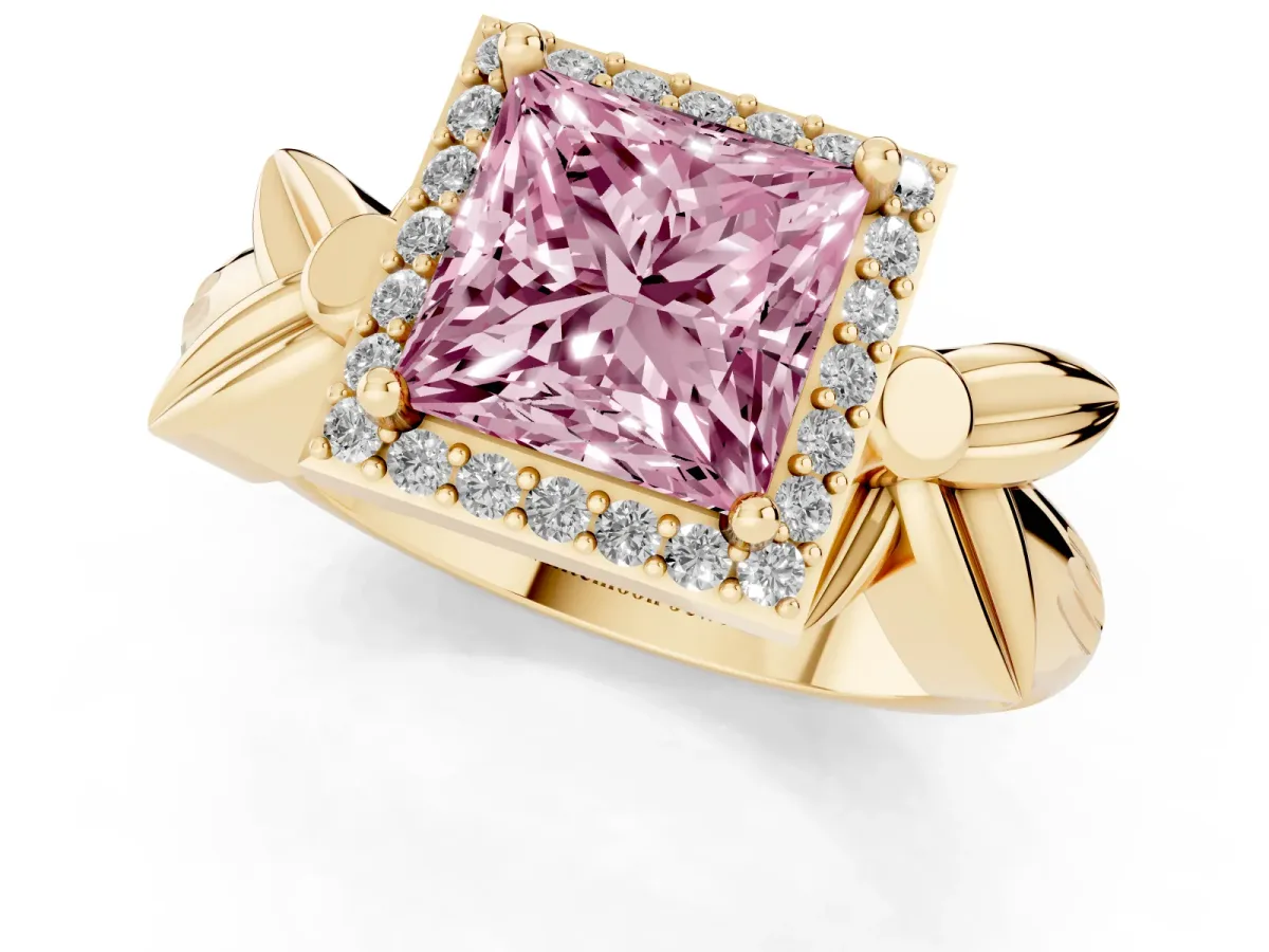 Fancy Pink Princess Cut Halo Diamond Floral Band with Four-Prong Setting Yellow gold