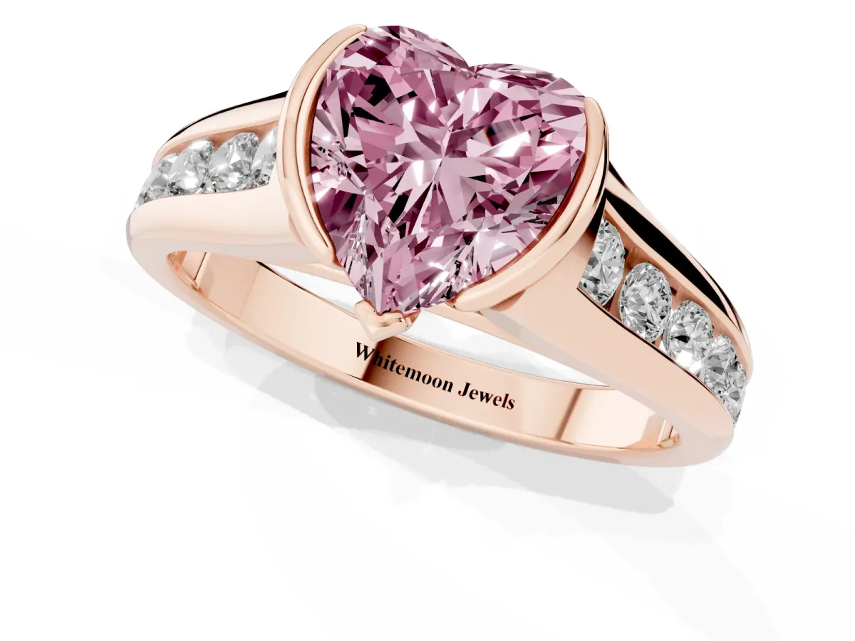 Fancy Pink Heart Cut Solitaire Bezel-Set Diamond Ring with Channel-Set Band Rose gold
