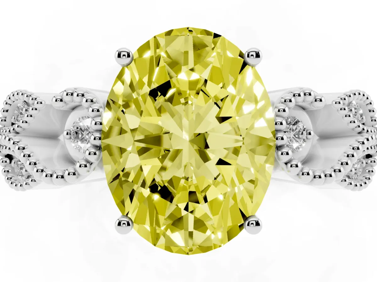 Fancy Yellow Oval Cut Solitaire Milgrain Leaf Band with Prong Setting White gold