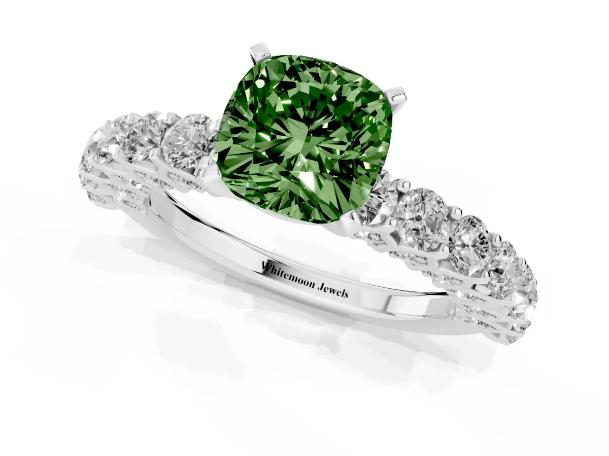 Fancy Green Cushion Cut Diamond Solitaire Ring with Shared Prong Pavé Band and Four-Prong Setting Silver