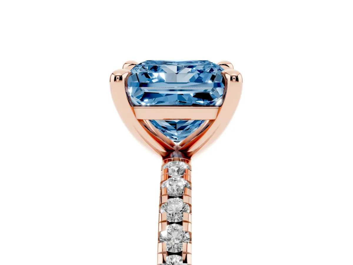 Fancy Blue Princess Cut Diamond Brilliant Solitaire Ring with Pavé Band and Four-Prong Setting Rose gold