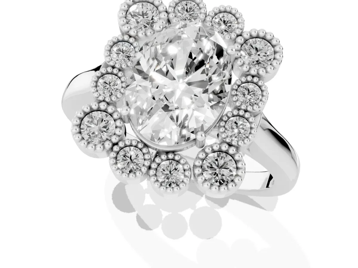 Oval Cut Halo Diamond Cluster Engagement Ring with Milgrain Bezel Setting and Solitaire Band White gold