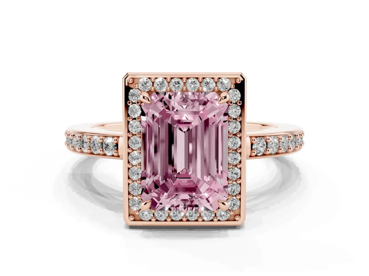 Fancy Pink Emerald Cut Halo Pave Band Solitaire Ring with Prong Setting Rose gold