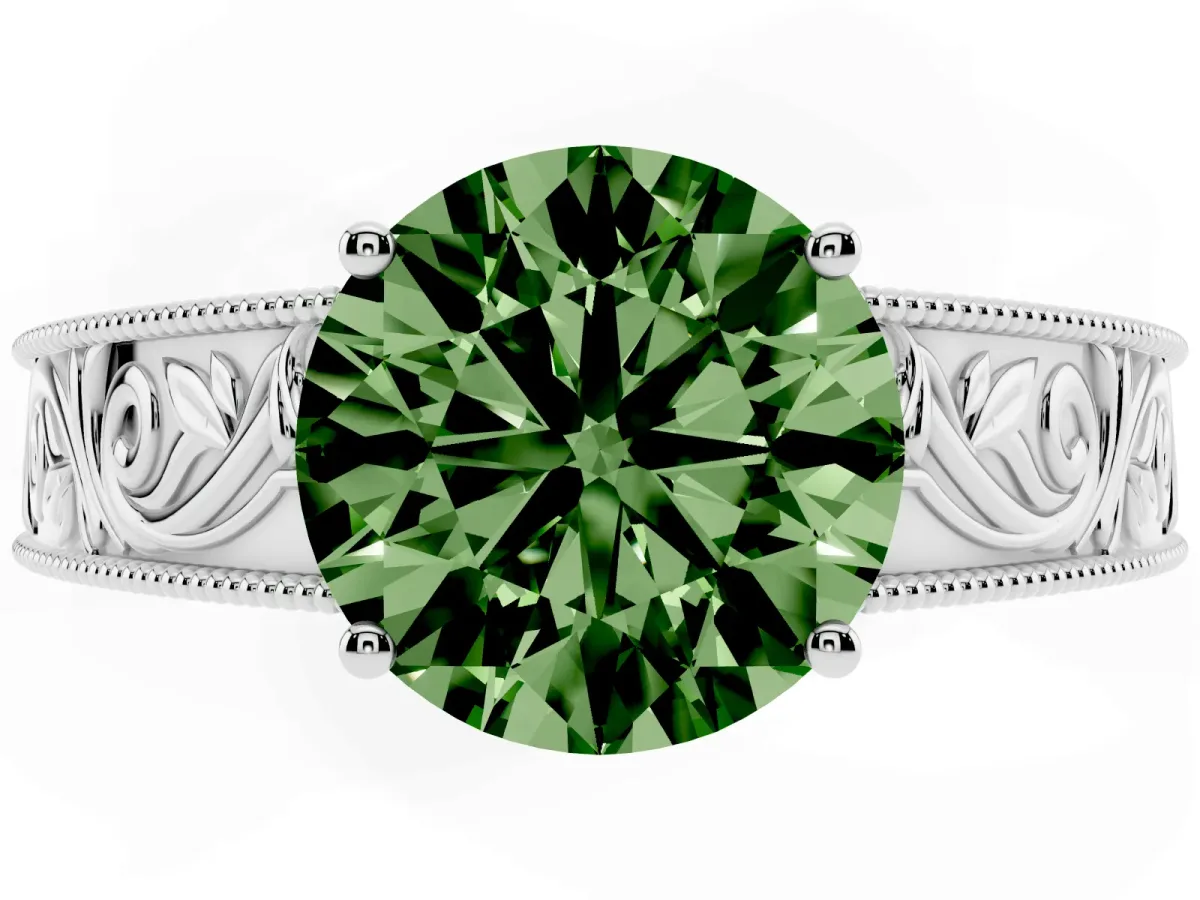 Fancy Green Round Cut Diamond Solitaire Ring with Engraved Band and Four-Prong Setting White gold