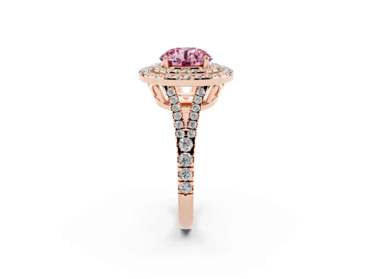 Fancy Pink Round Cut Diamond Double Halo Ring with Pavé Band and Prong Setting Rose gold