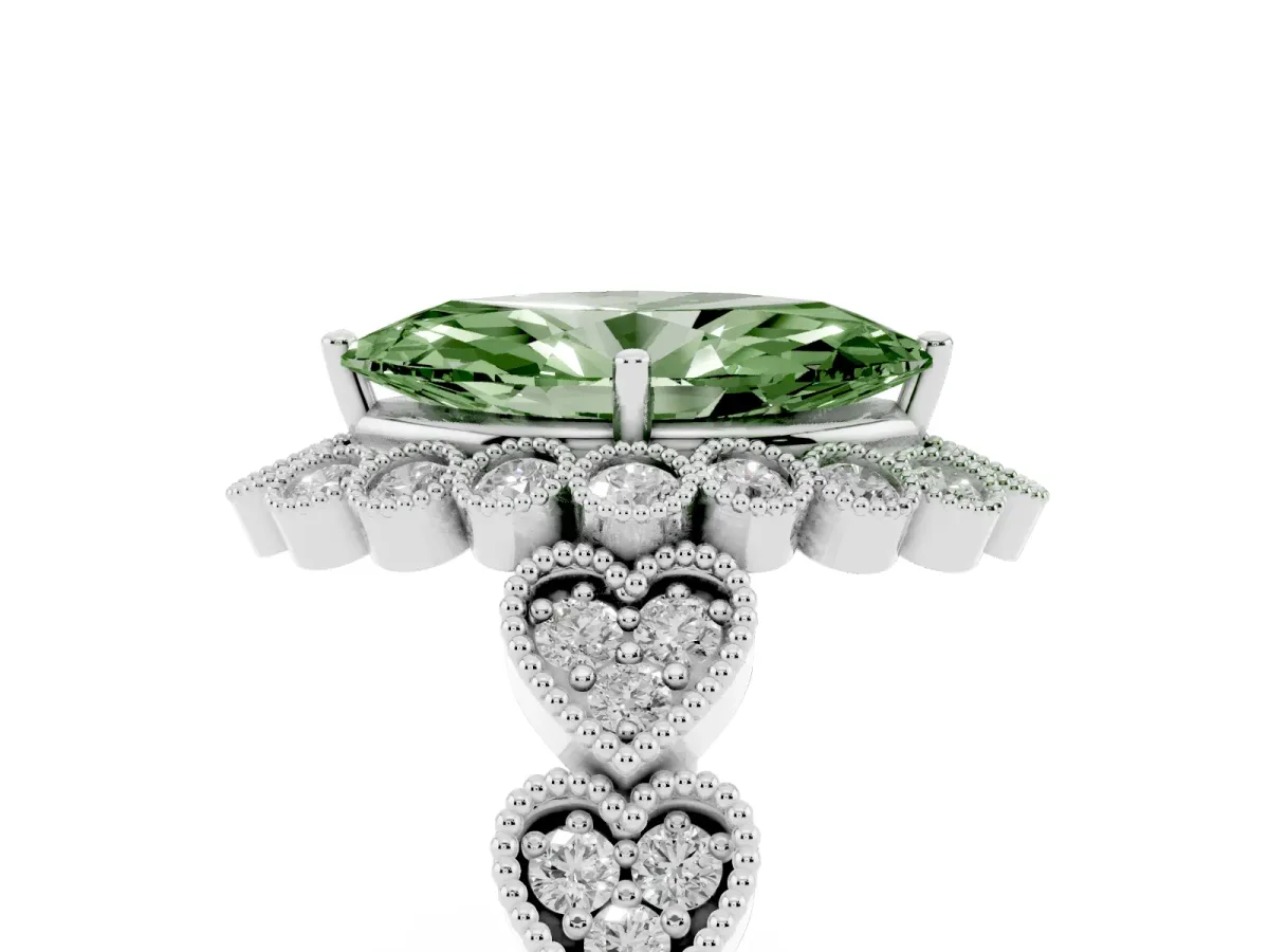 Fancy Green Marquise Cut Brilliant Milgrain Pave Heart Band Solitaire Ring Platinum