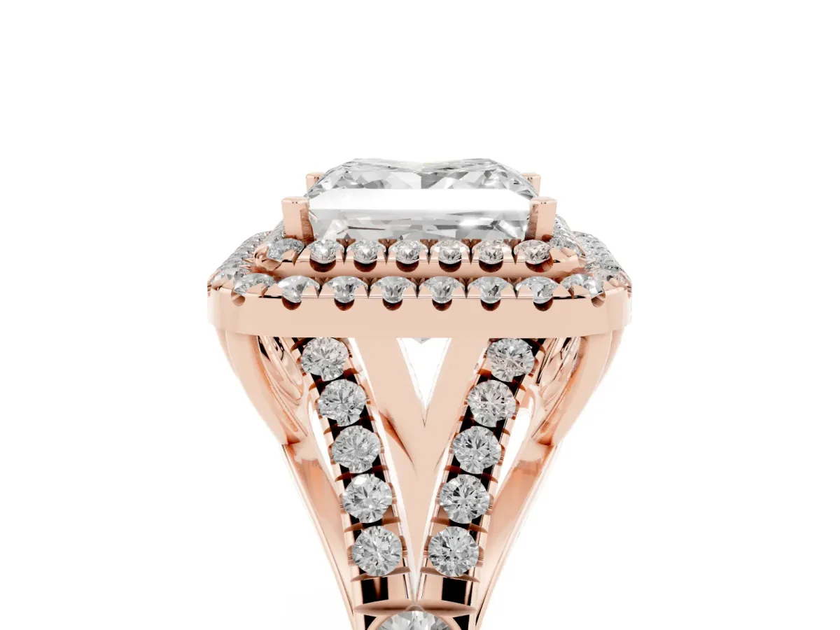 Princess Cut Cut Double Halo Split Shank Diamond Ring with Prong Setting Rose gold