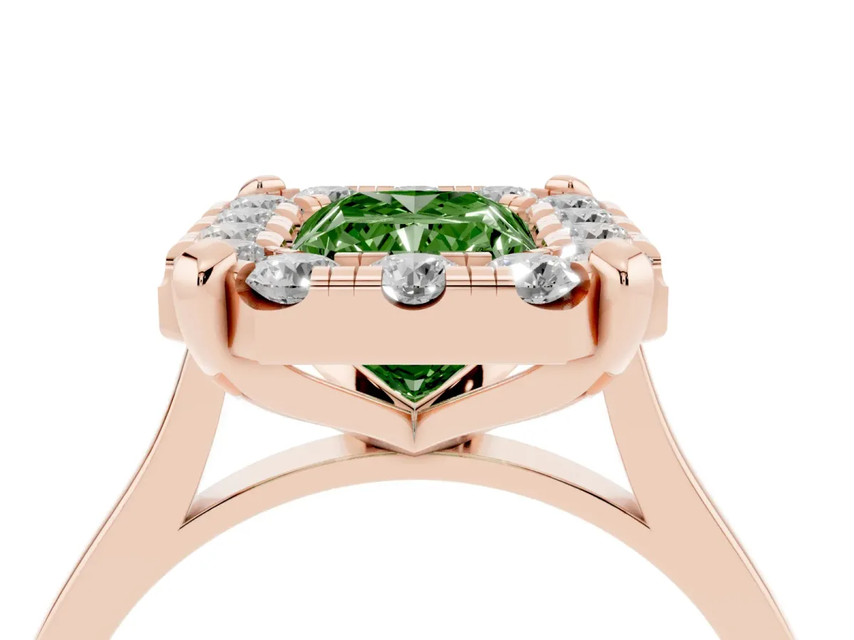 Fancy Green Radiant Cut Diamond Cluster Halo Solitaire with Four-Prong Setting Rose gold
