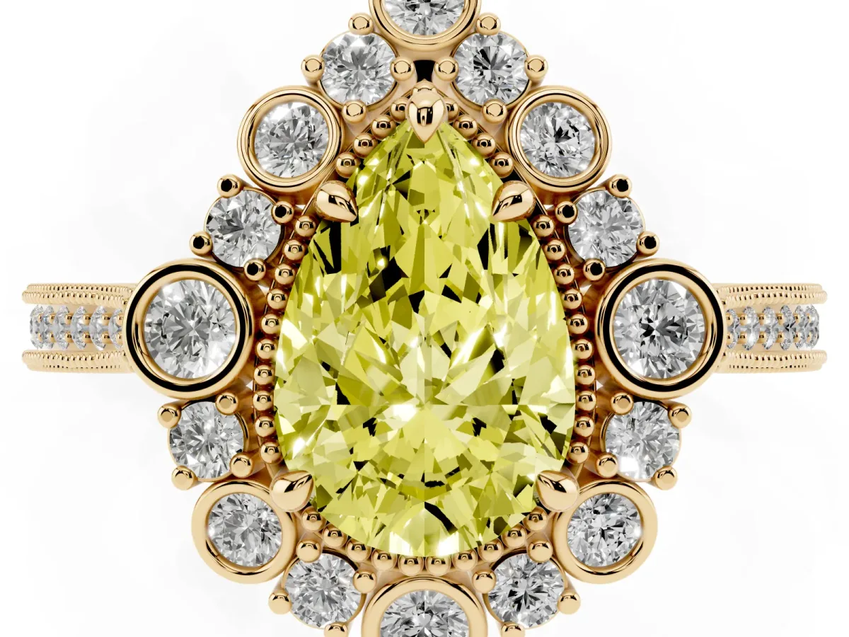Fancy Yellow Pear Cut Halo Milgrain Pave Diamond Ring with Four-Prong Setting Yellow gold