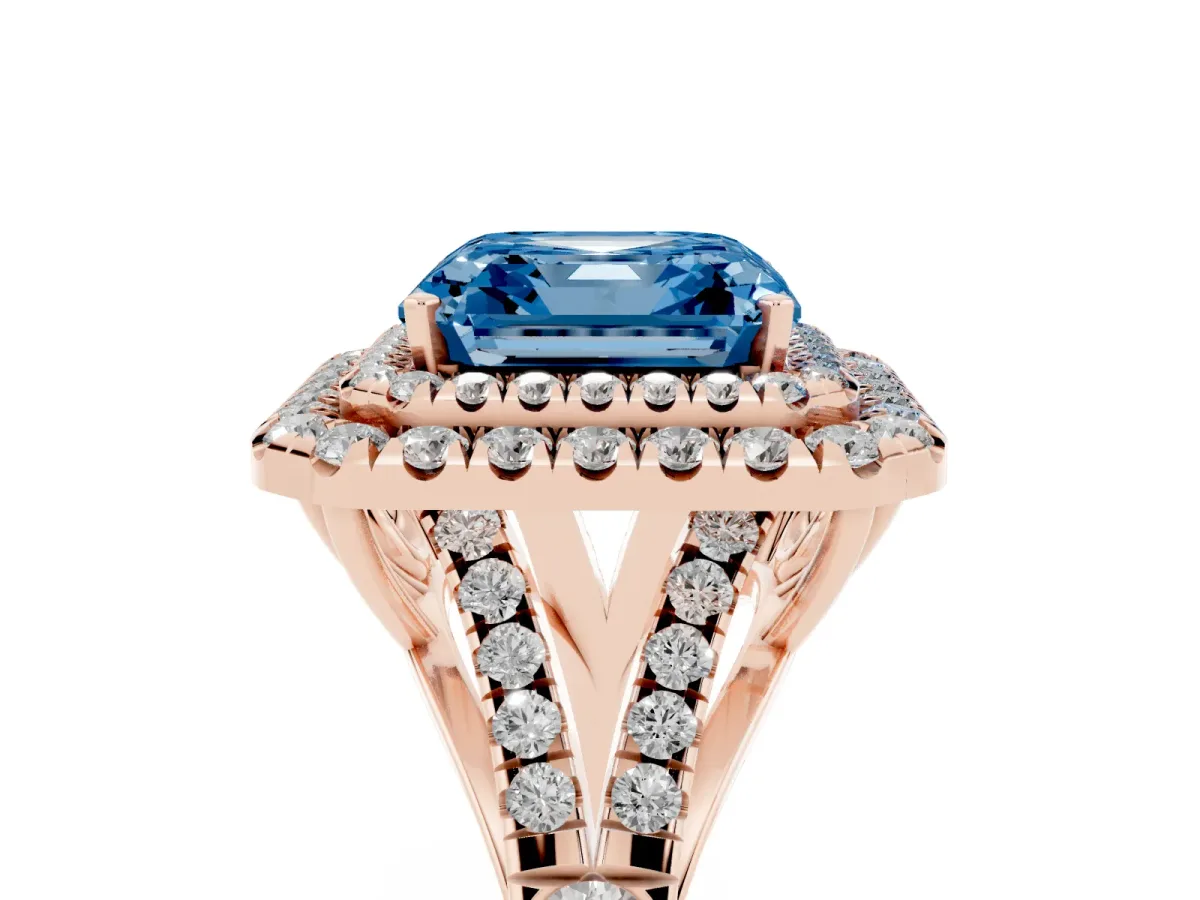Fancy Blue Asscher Cut Cut Double Halo Split Shank Diamond Ring with Prong Setting Rose gold
