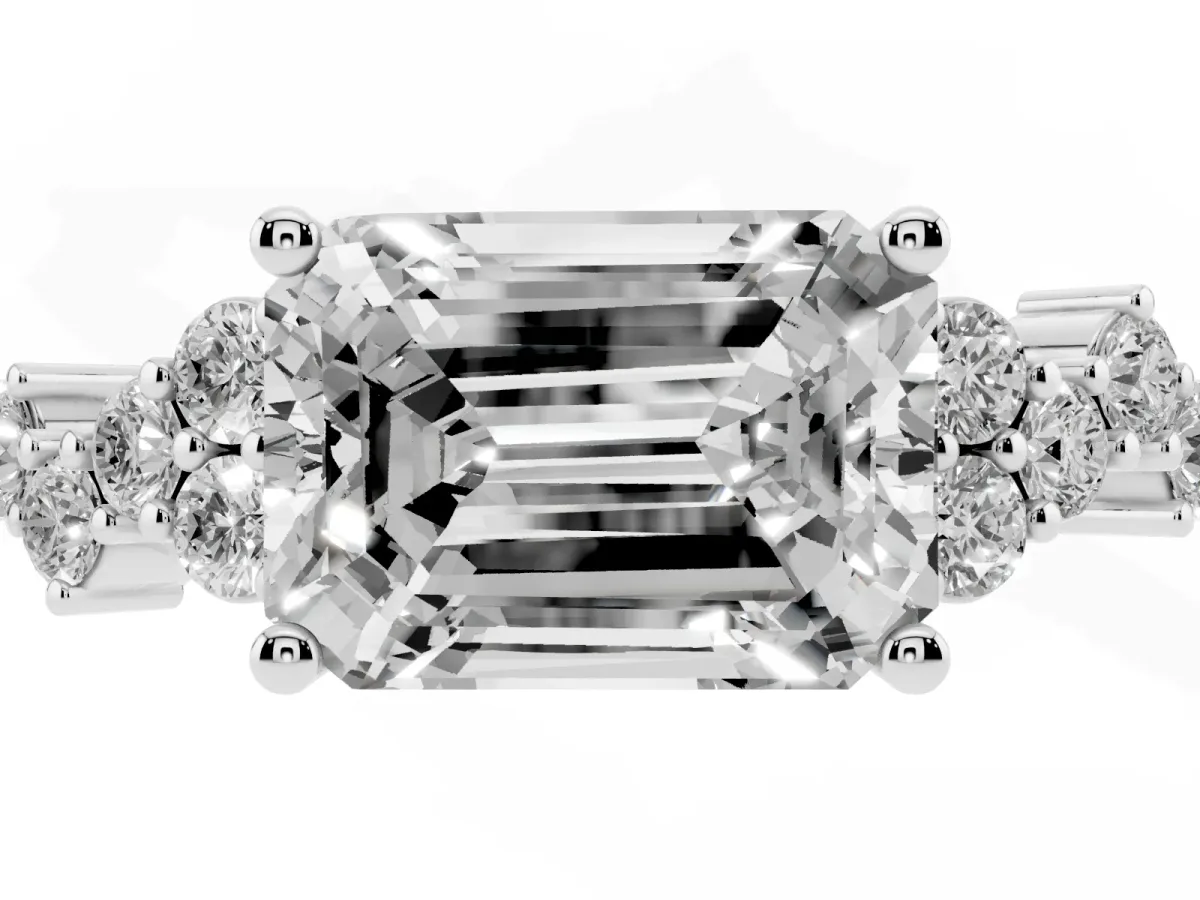 Emerald Cut Diamond Scattered Round Accent Ring with Prong Setting White gold