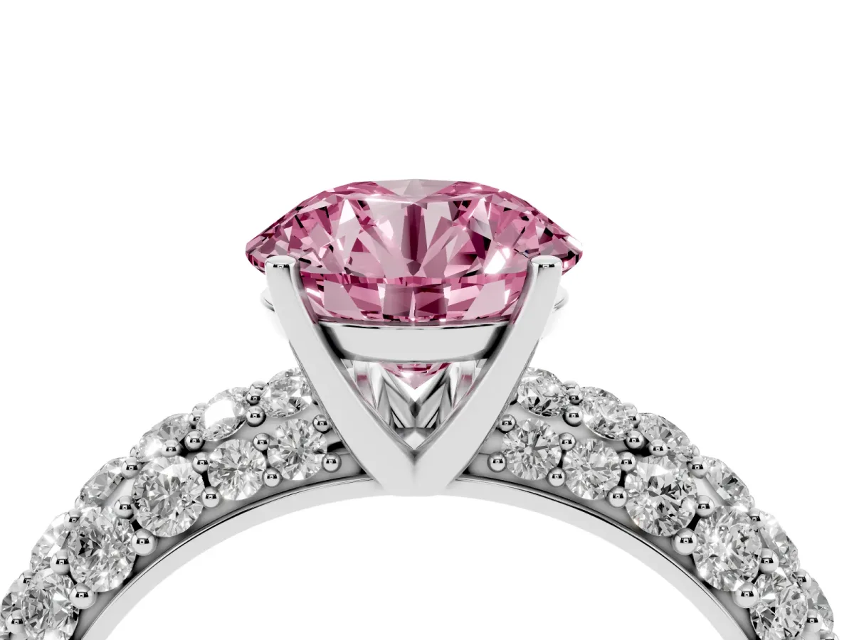 Fancy Pink Round Cut Diamond Pavé Band Solitaire Ring with Four-Prong Setting Silver