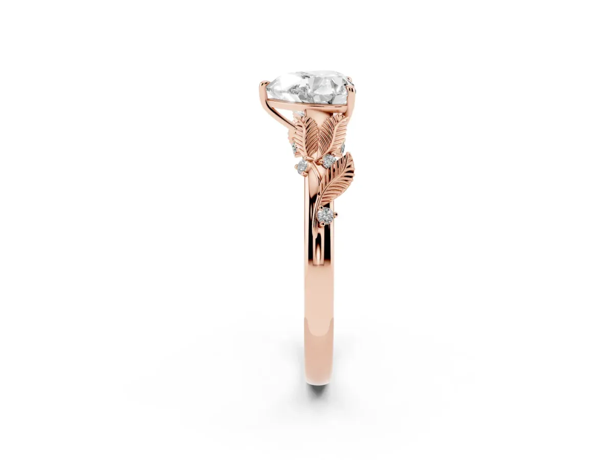 Heart Cut Diamond Solitaire Ring with Leaf Motif Band and Four-Prong Setting Rose gold