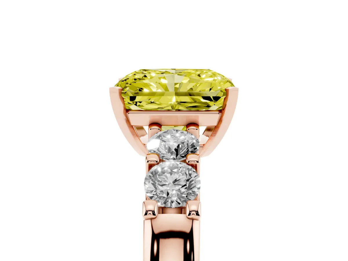 Fancy Yellow Radiant Cut Brilliant Cut Diamond Five-Stone Prong Set Engagement Ring with Channel Band Rose gold