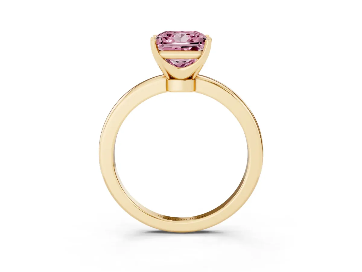 Fancy Pink Princess Cut Solitaire Diamond Ring with Six-Prong Setting on a Classic Band Yellow gold
