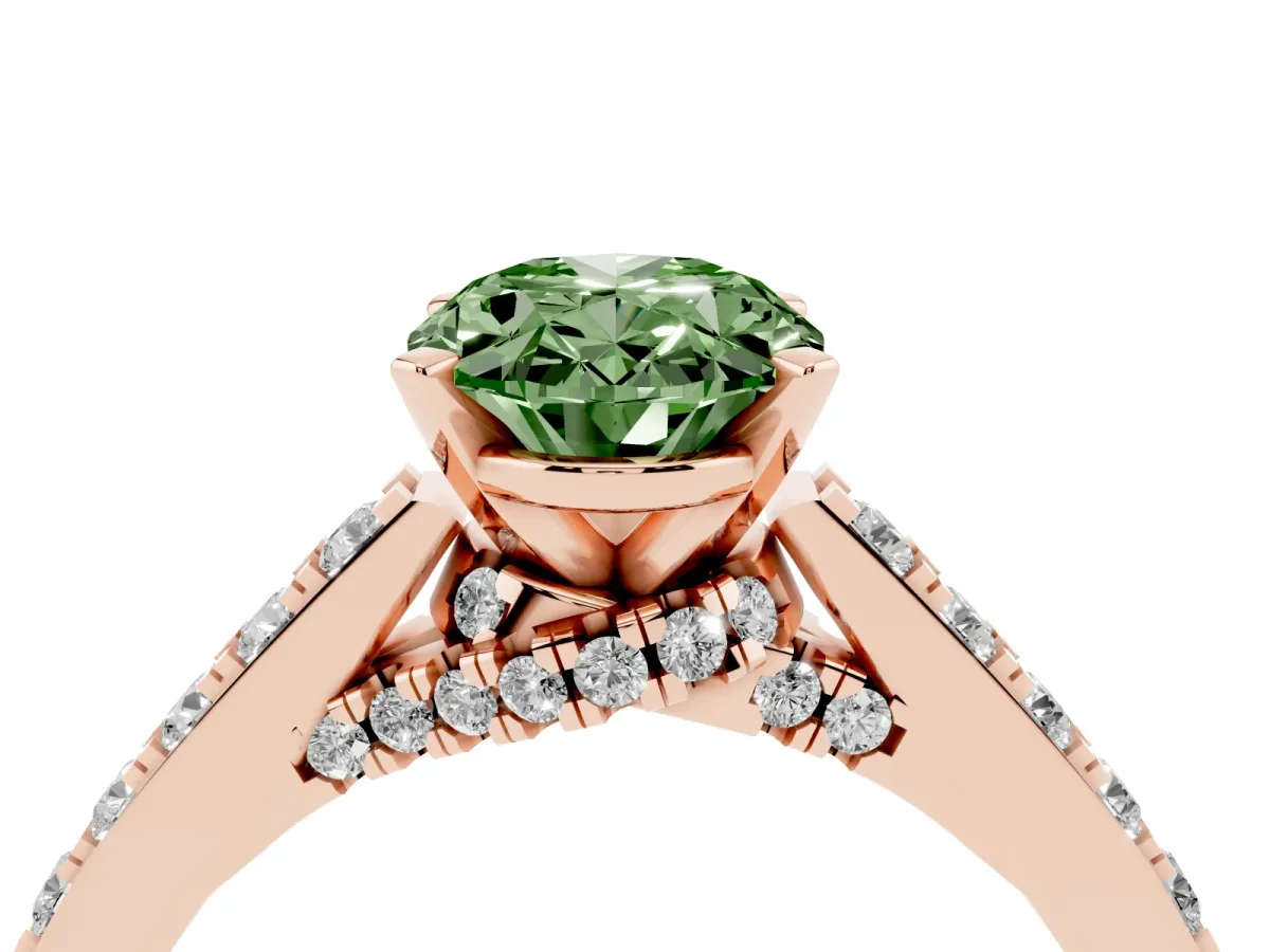 Fancy Green Oval Cut Diamond Solitaire Ring with Crossover Gallery and Round Pavé Band Rose gold