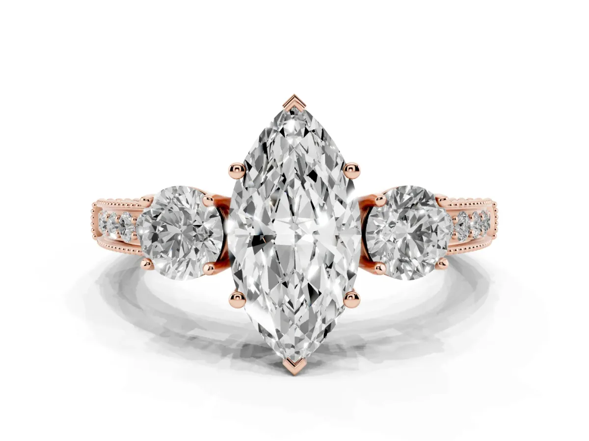 Marquise Cut Three-Stone Diamond Ring with Pavé Band and Four-Prong Setting Rose gold