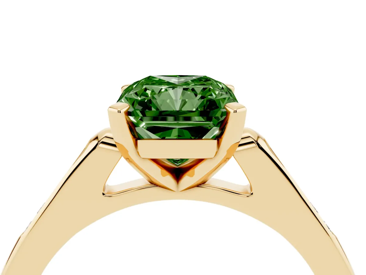 Fancy Green Radiant Cut Diamond Solitaire Ring with Channel Set Round Band and Prong Setting Yellow gold