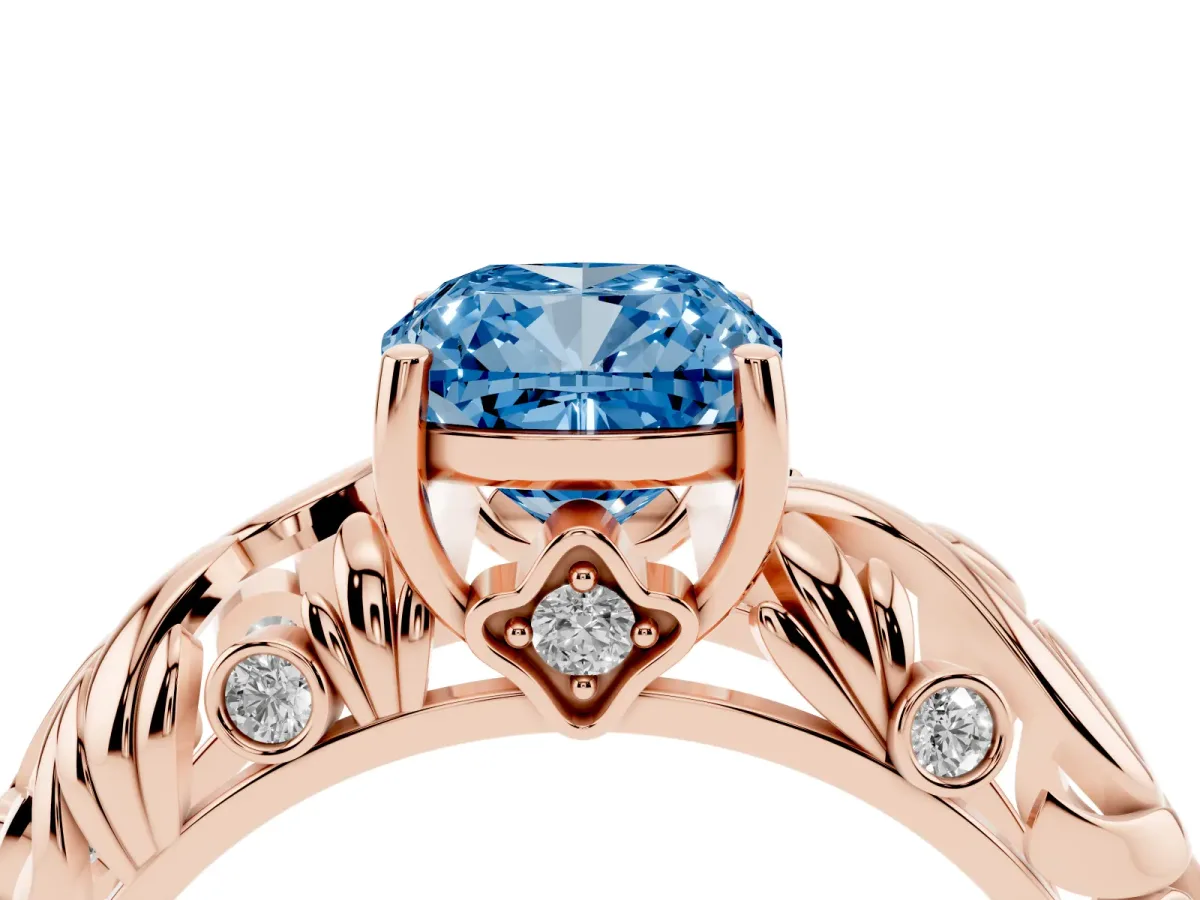 Fancy Blue Cushion Cut Solitaire Diamond Leaf-Inspired Vine Band Ring with Prong Setting Rose gold