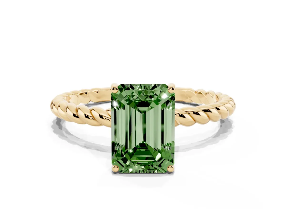 Fancy Green Emerald Cut Solitaire Twisted Band 4-Prong Ring Yellow gold