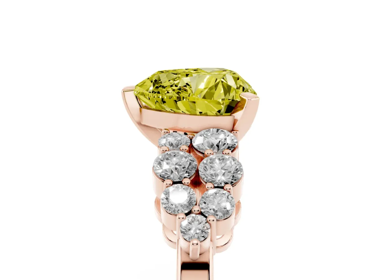 Fancy Yellow Heart Cut Cluster Diamond Engagement Ring with Pavé Band and Four-Prong Setting Rose gold