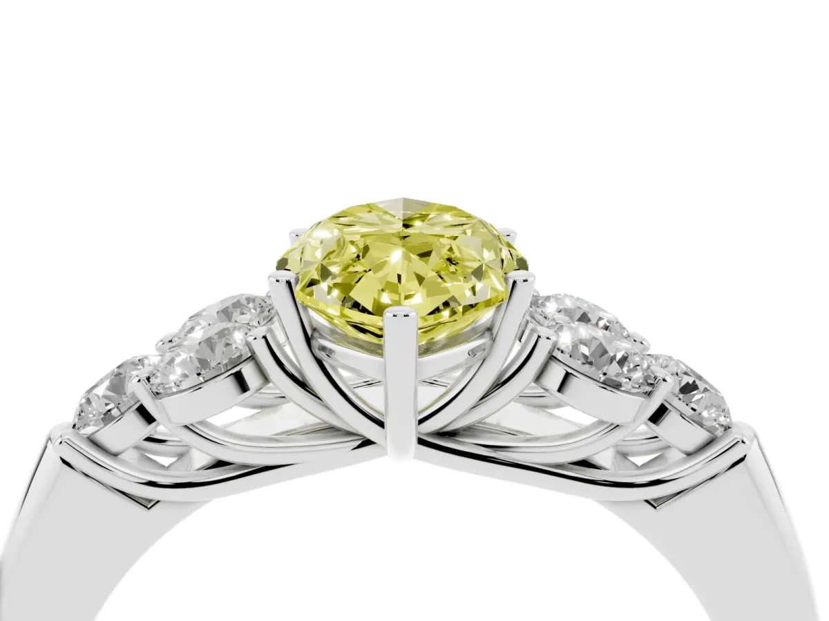 Fancy Yellow Marquise Cut Cut Diamond Cluster Ring with Round Accent Stones and Prong Setting on a Classic Band Silver