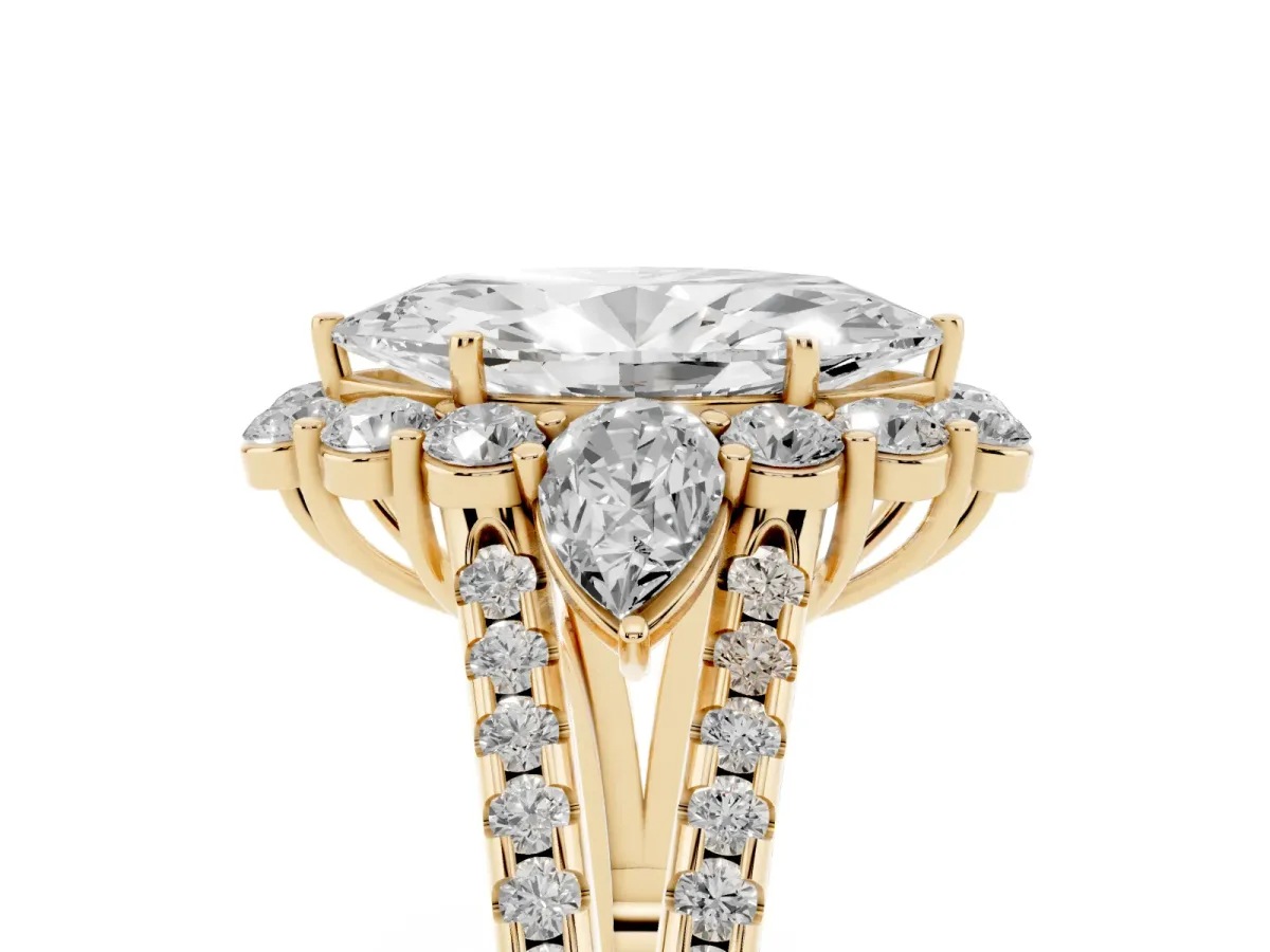 Marquise Cut Halo Split Shank Diamond Engagement Ring with Prong Setting Yellow gold