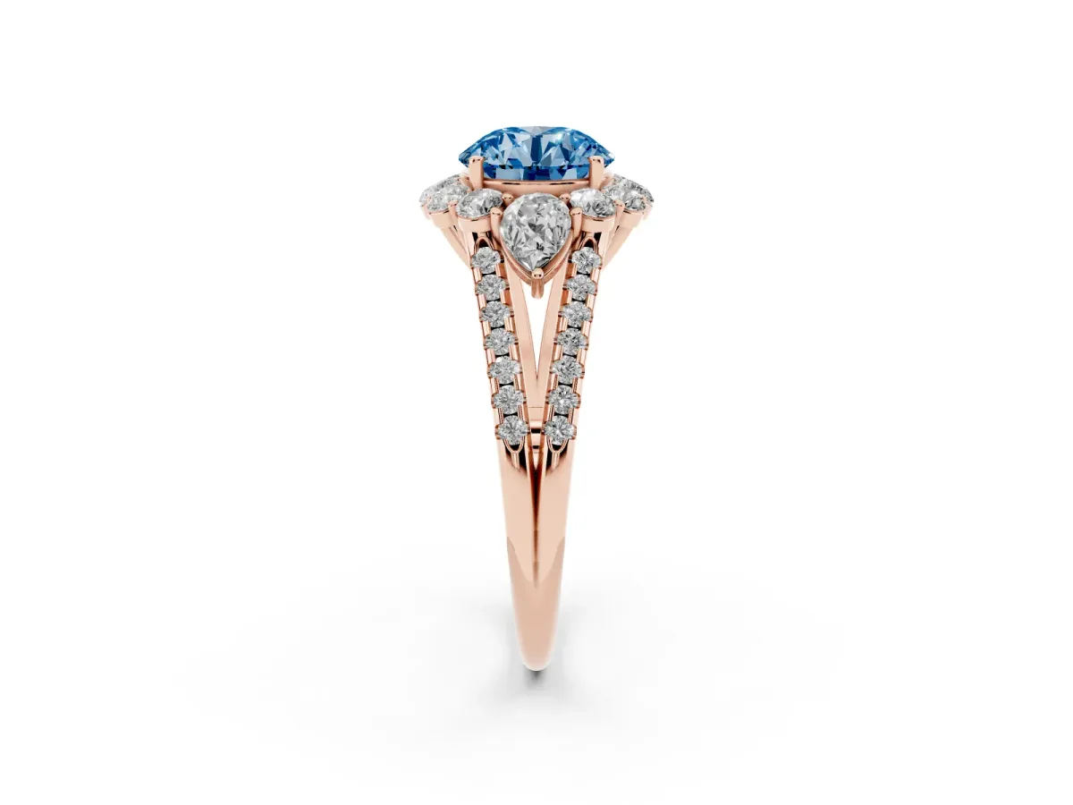 Fancy Blue Round Cut Halo Split Shank Diamond Engagement Ring with Prong Setting Rose gold