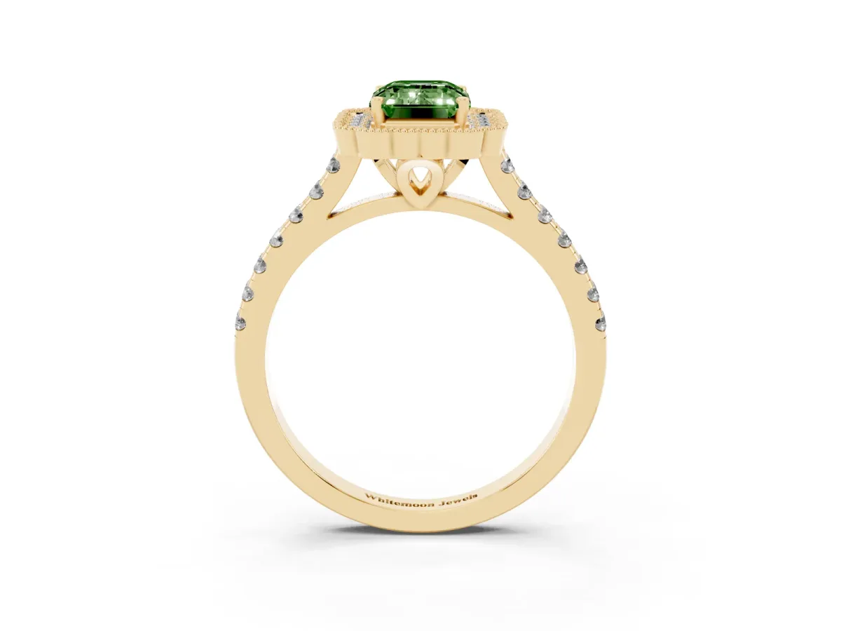 Fancy Green Emerald Cut Cut Diamond Milgrain Floral Halo Engagement Ring with Pavé Band Yellow gold
