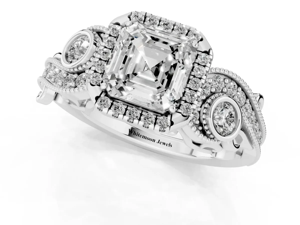 Asscher Cut Halo Diamond Ring with Milgrain and Bezel Accents on a Split Shank Band Platinum