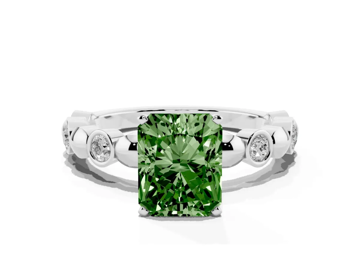 Fancy Green Radiant Cut Solitaire Bezel-Set Diamond Ring with Beaded Band and Four-Prong Setting Silver