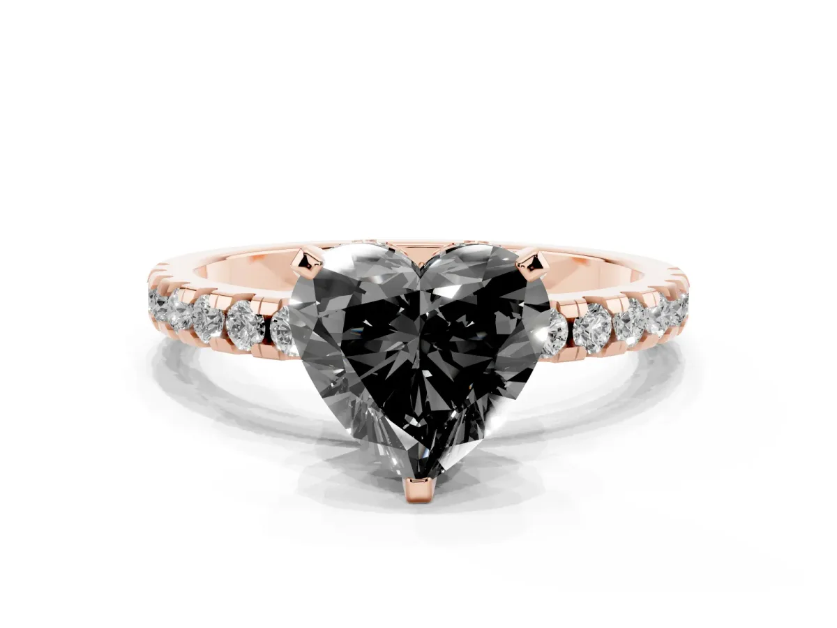 Fancy Black Heart Cut Diamond Solitaire Ring with Round Pavé Band and Four-Prong Setting Rose gold