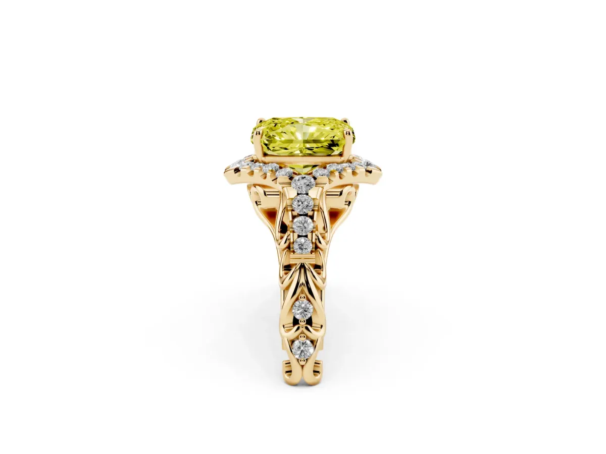 Fancy Yellow Radiant Cut Diamond Solitaire Ring with Hidden Halo and Pavé Band Yellow gold