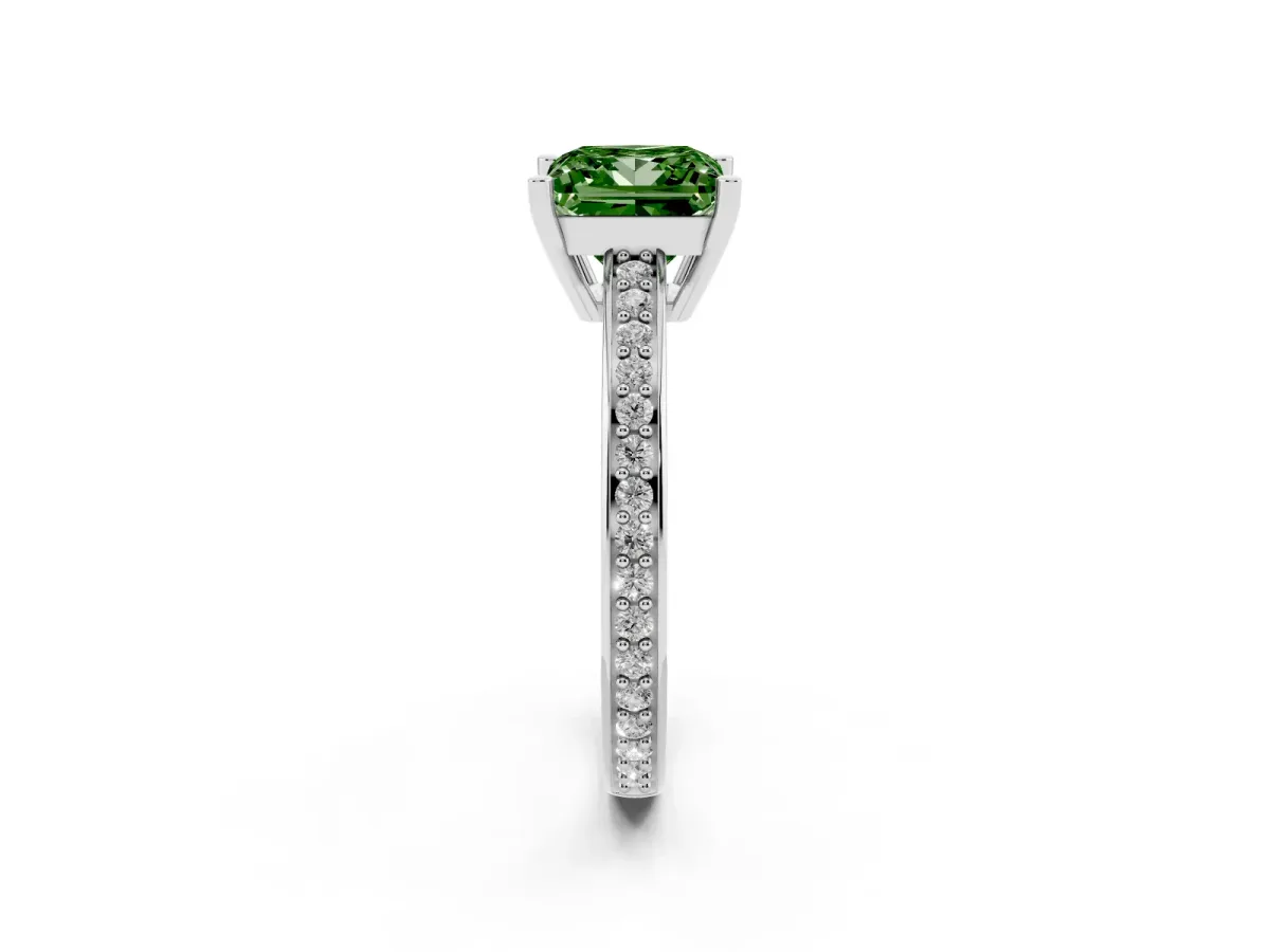 Fancy Green Princess Cut Solitaire Pavé Band Prong Setting Ring Silver