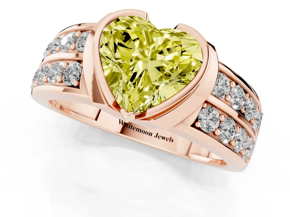 Fancy Yellow Heart Cut Brilliant Diamond Channel Set Wide Band Ring with Bezel Setting Rose gold