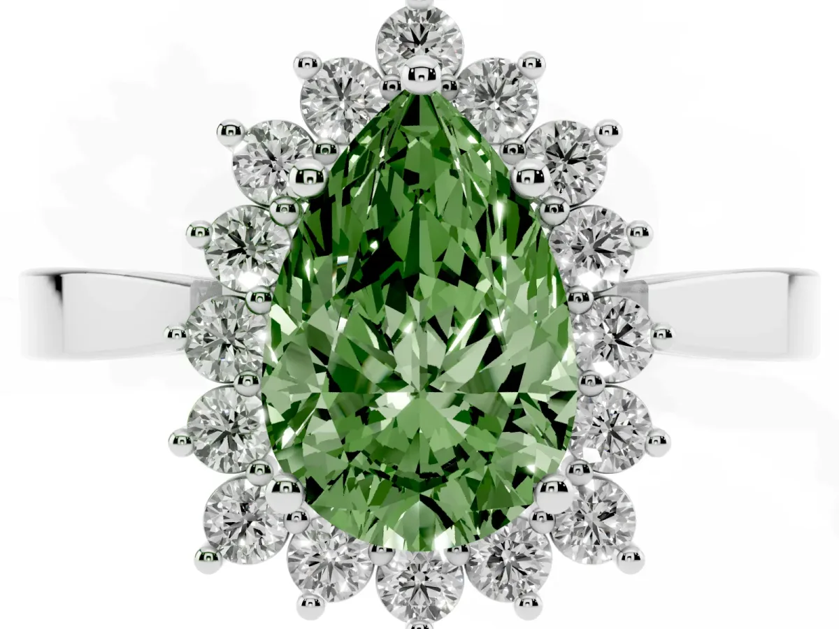 Fancy Green Pear Cut Cut Diamond Halo Ring with Round Brilliant Halo and Solitaire Band Silver