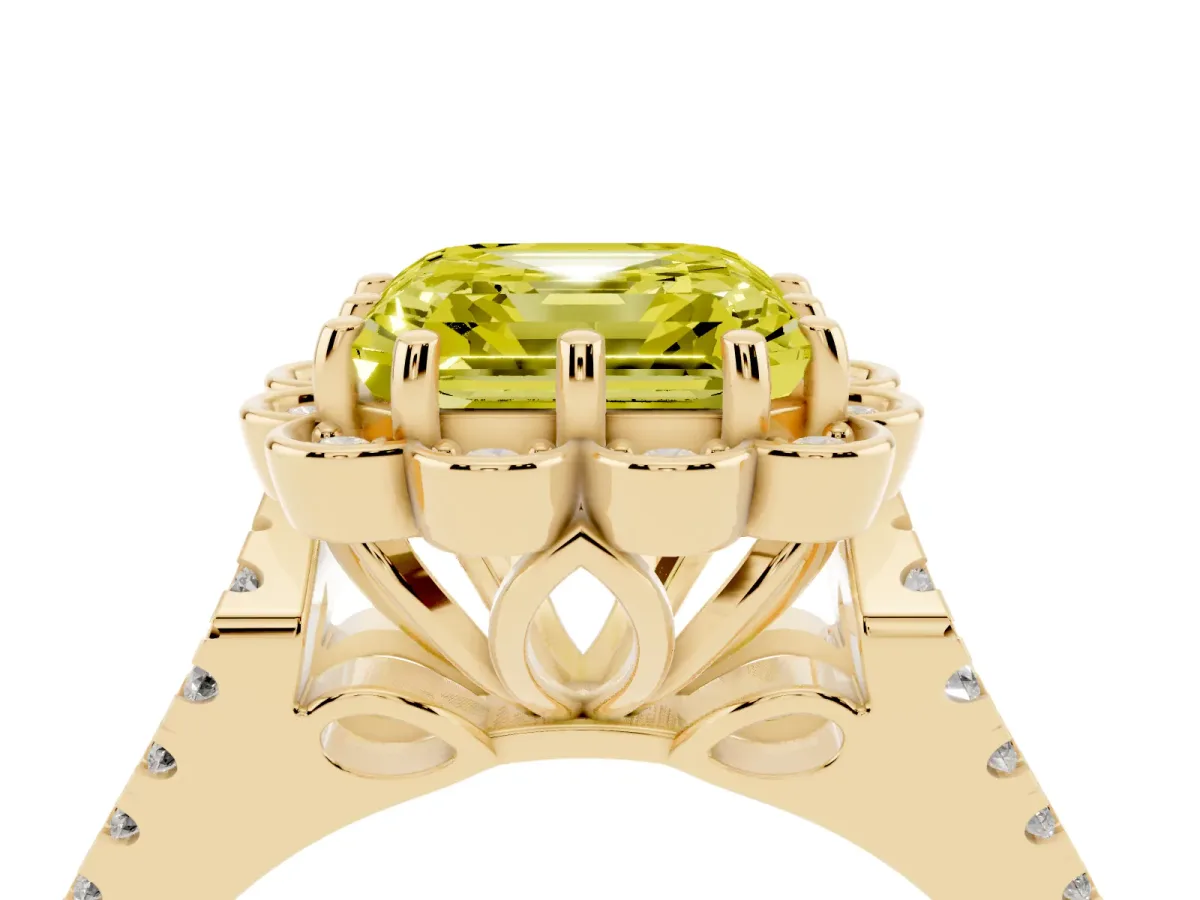 Fancy Yellow Asscher Cut Halo Diamond Floral Split Shank Engagement Ring Yellow gold