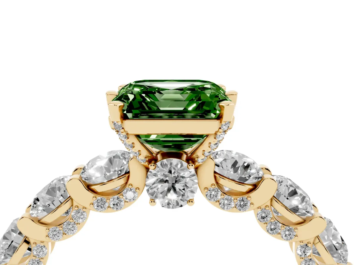 Fancy Green Asscher Cut Diamond Side Stone Engagement Ring with Four-Prong Setting Yellow gold