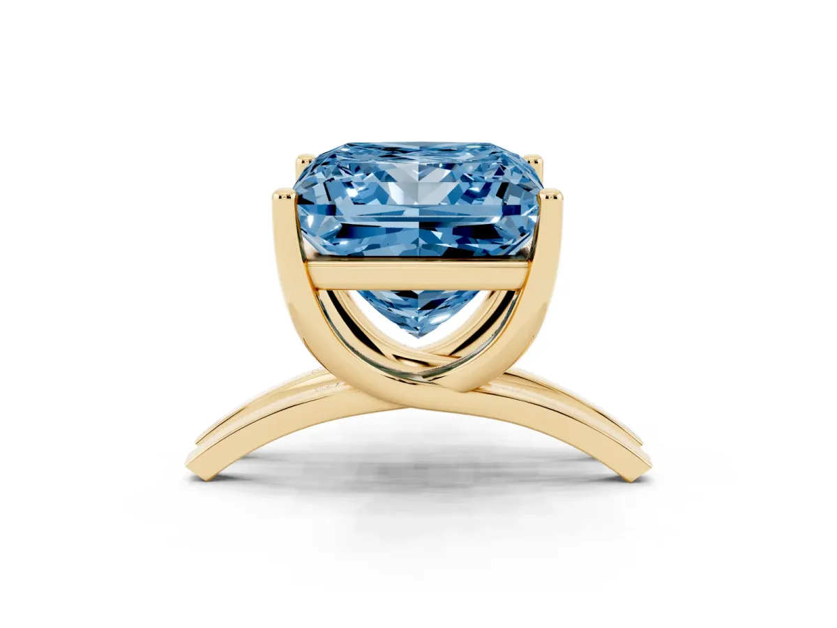 Fancy Blue Princess Cut Cut Diamond Solitaire Engagement Ring with Tapered Plain Band and Four-Prong Setting Yellow gold
