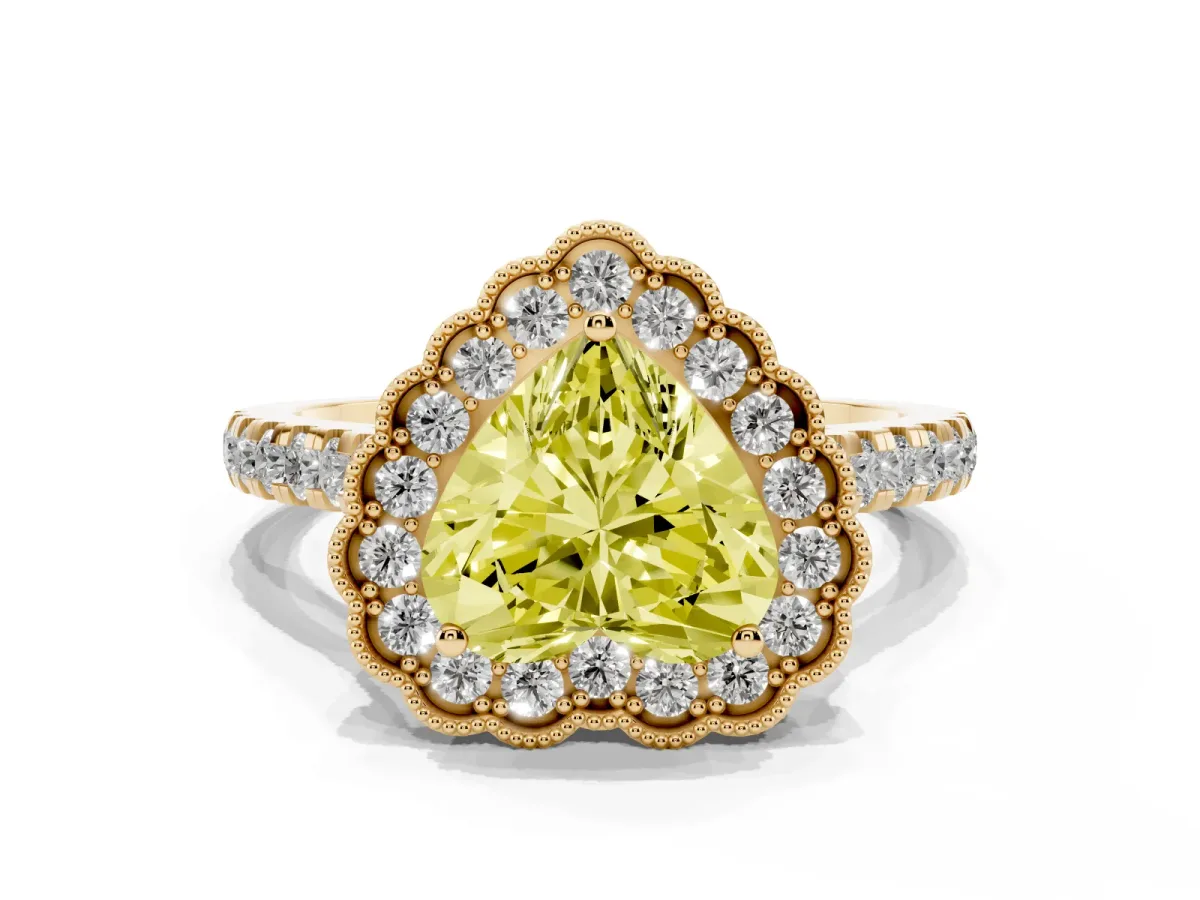 Fancy Yellow Heart Cut Cut Diamond Milgrain Floral Halo Engagement Ring with Pavé Band Yellow gold