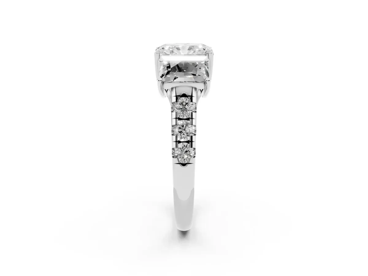 Three-Stone Radiant Cut Diamond Pavé Band with Prong Setting White gold