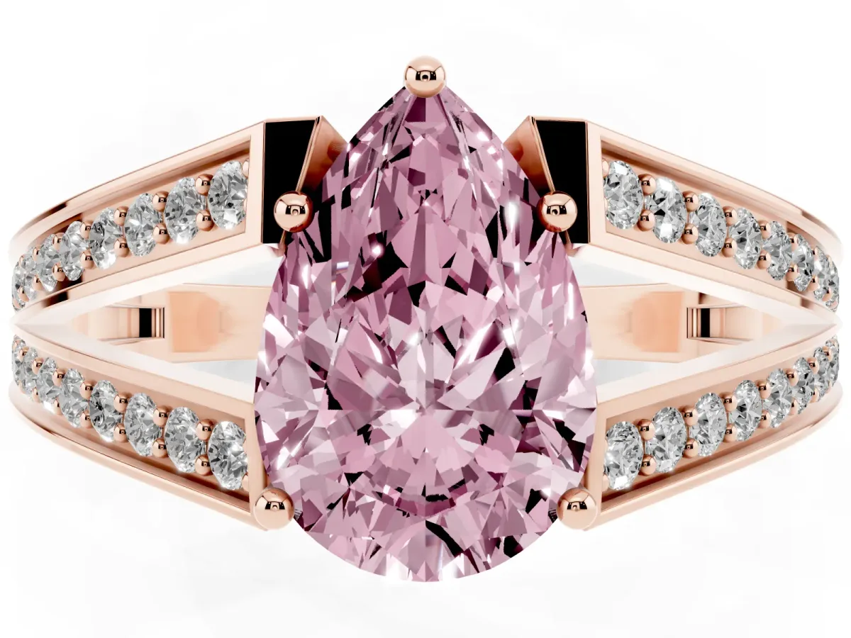 Fancy Pink Pear Cut Diamond Split Shank Ring with Pavé Band and Four-Prong Setting Rose gold