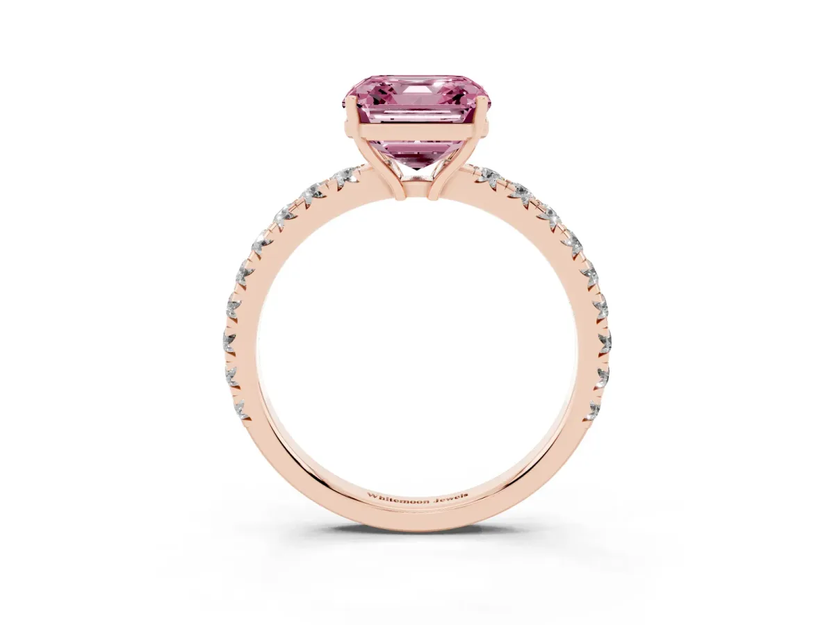 Fancy Pink Asscher Cut Diamond Pavé Solitaire Engagement Ring with Four-Prong Setting Rose gold