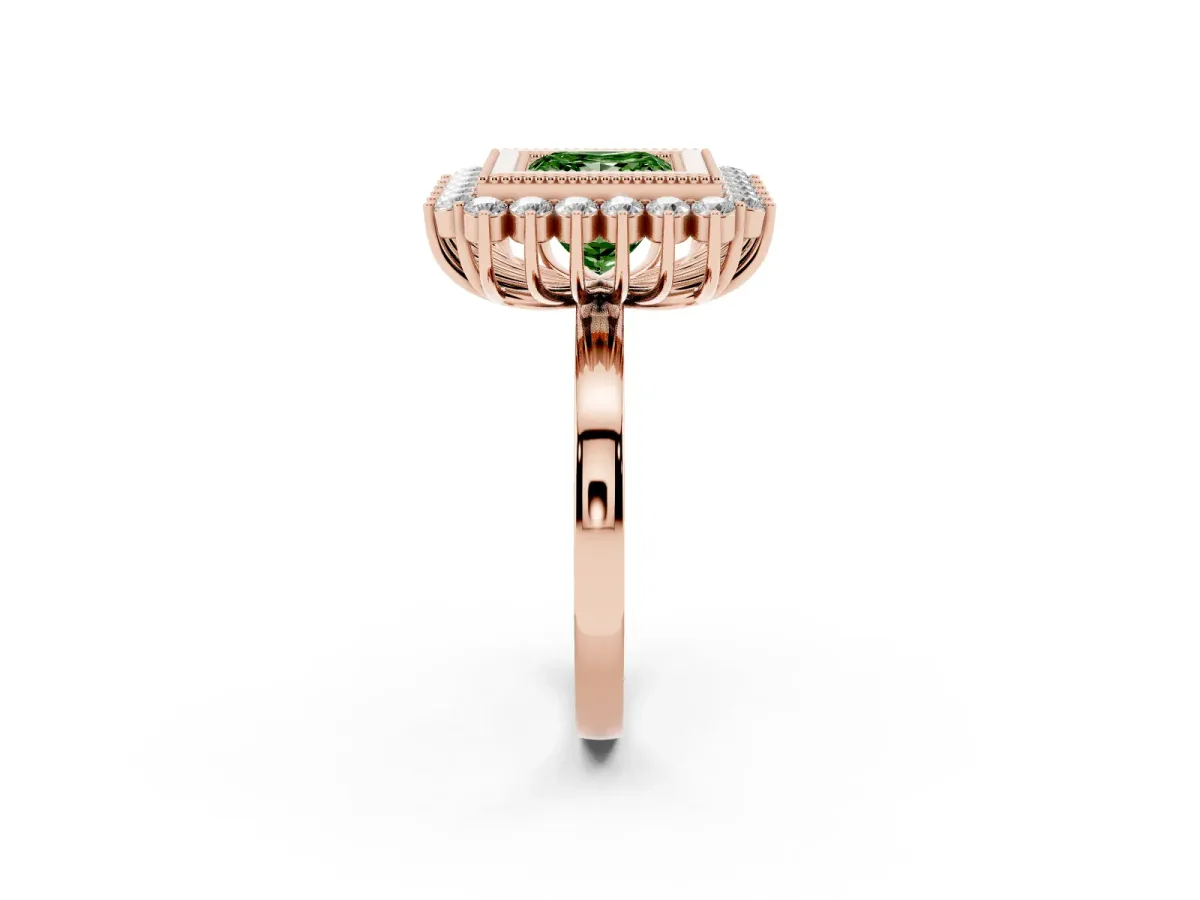 Fancy Green Princess Cut Halo Diamond Ring with Milgrain Edge and Round Prong Setting Rose gold
