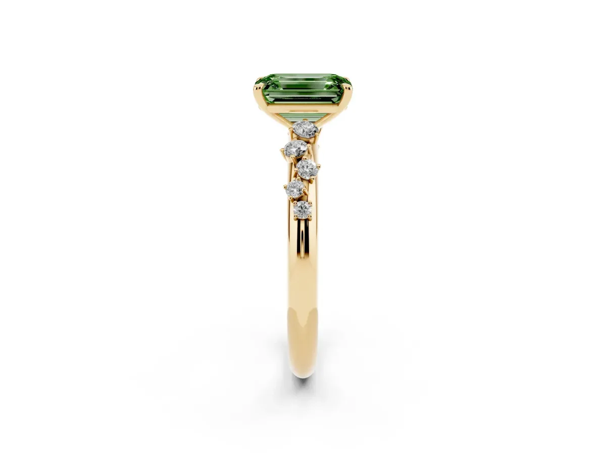 Fancy Green Emerald Cut Diamond Cluster Prong-Set Solitaire Ring Yellow gold