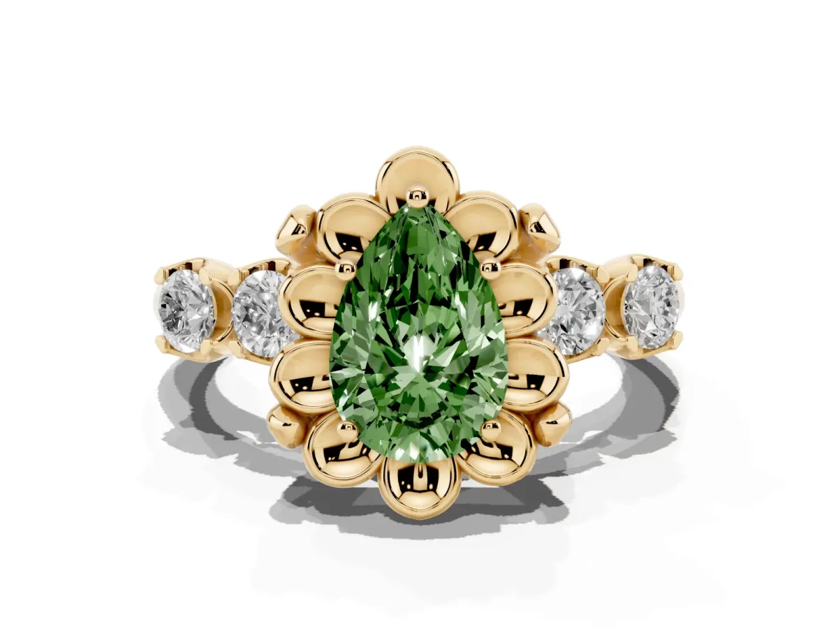 Fancy Green Pear Cut Cut Diamond Floral Halo Engagement Ring with Shared Prong Setting Yellow gold