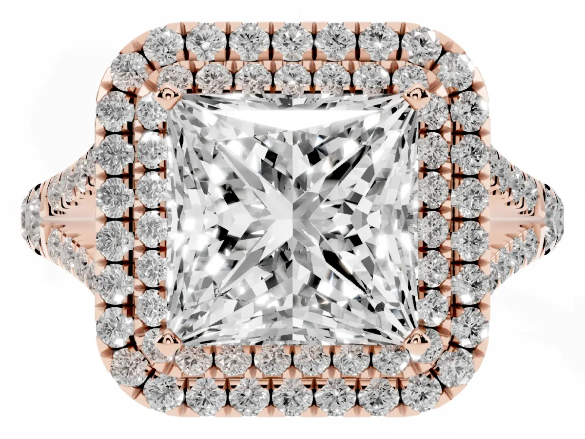 Princess Cut Diamond Pavé Split Shank Double Halo Engagement Ring Rose gold