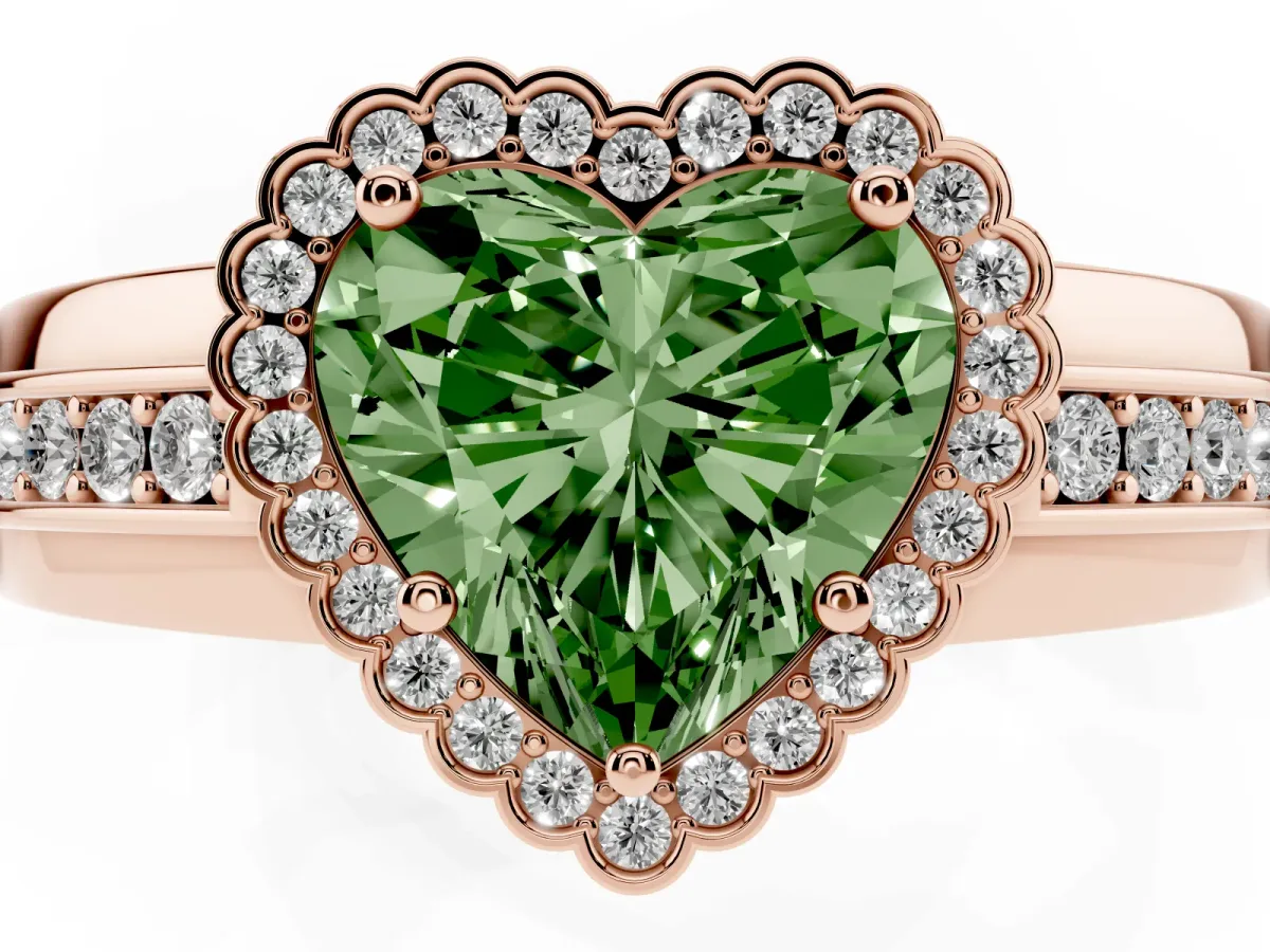 Fancy Green Heart Cut Cut Halo Pave Band Four-Prong Ring Rose gold